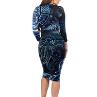Aotearoa New Zealand Octopus Long Sleeve Bodycon Dress Silver Fern Maori Pattern