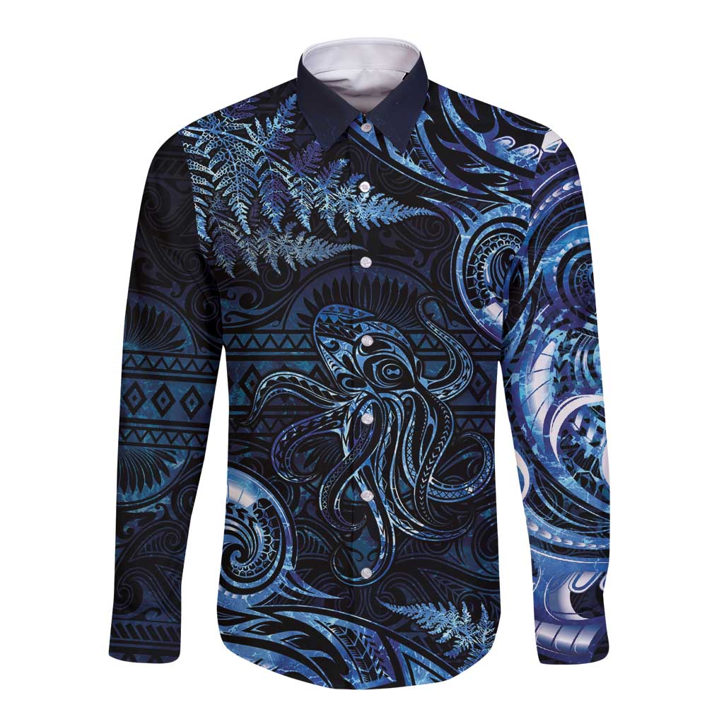 Aotearoa New Zealand Octopus Long Sleeve Button Shirt Silver Fern Maori Pattern LT05 Unisex Blue - Polynesian Pride