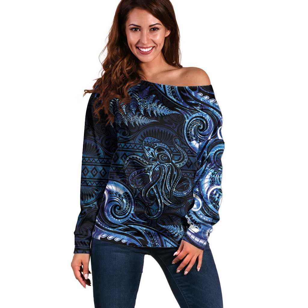Aotearoa New Zealand Octopus Off Shoulder Sweater Silver Fern Maori Pattern LT05 Women Blue - Polynesian Pride
