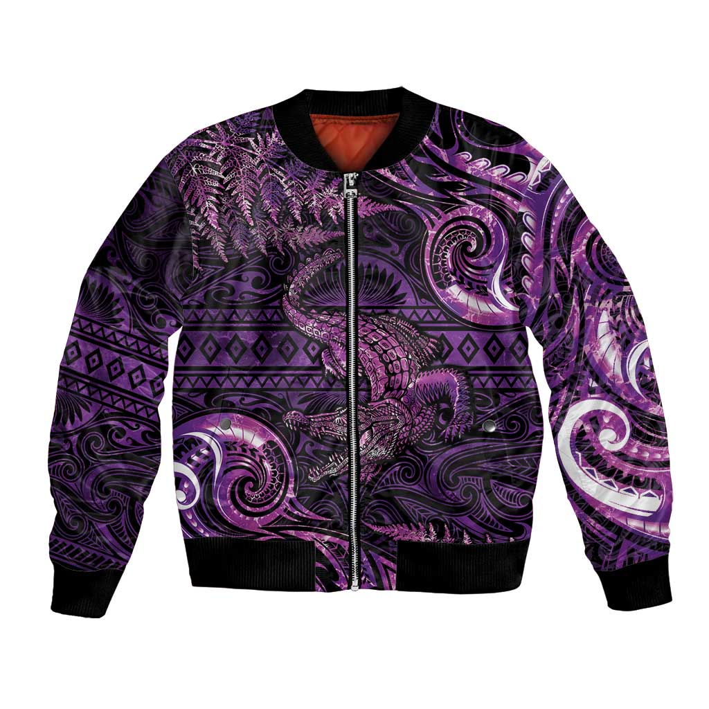 Aotearoa New Zealand Crocodile Bomber Jacket Silver Fern Maori Pattern LT05 Unisex Purple - Polynesian Pride