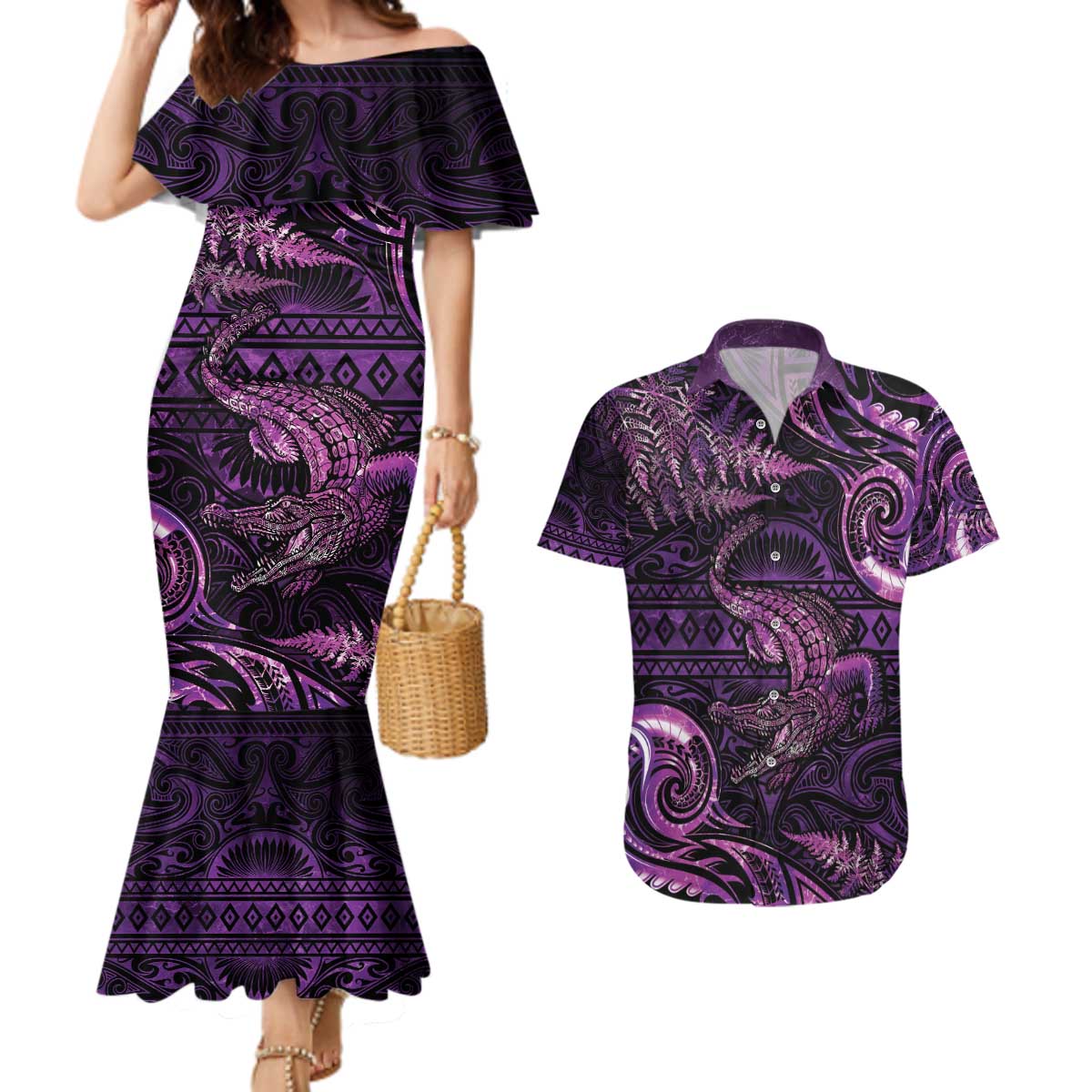Aotearoa New Zealand Crocodile Couples Matching Mermaid Dress and Hawaiian Shirt Silver Fern Maori Pattern LT05 Purple - Polynesian Pride