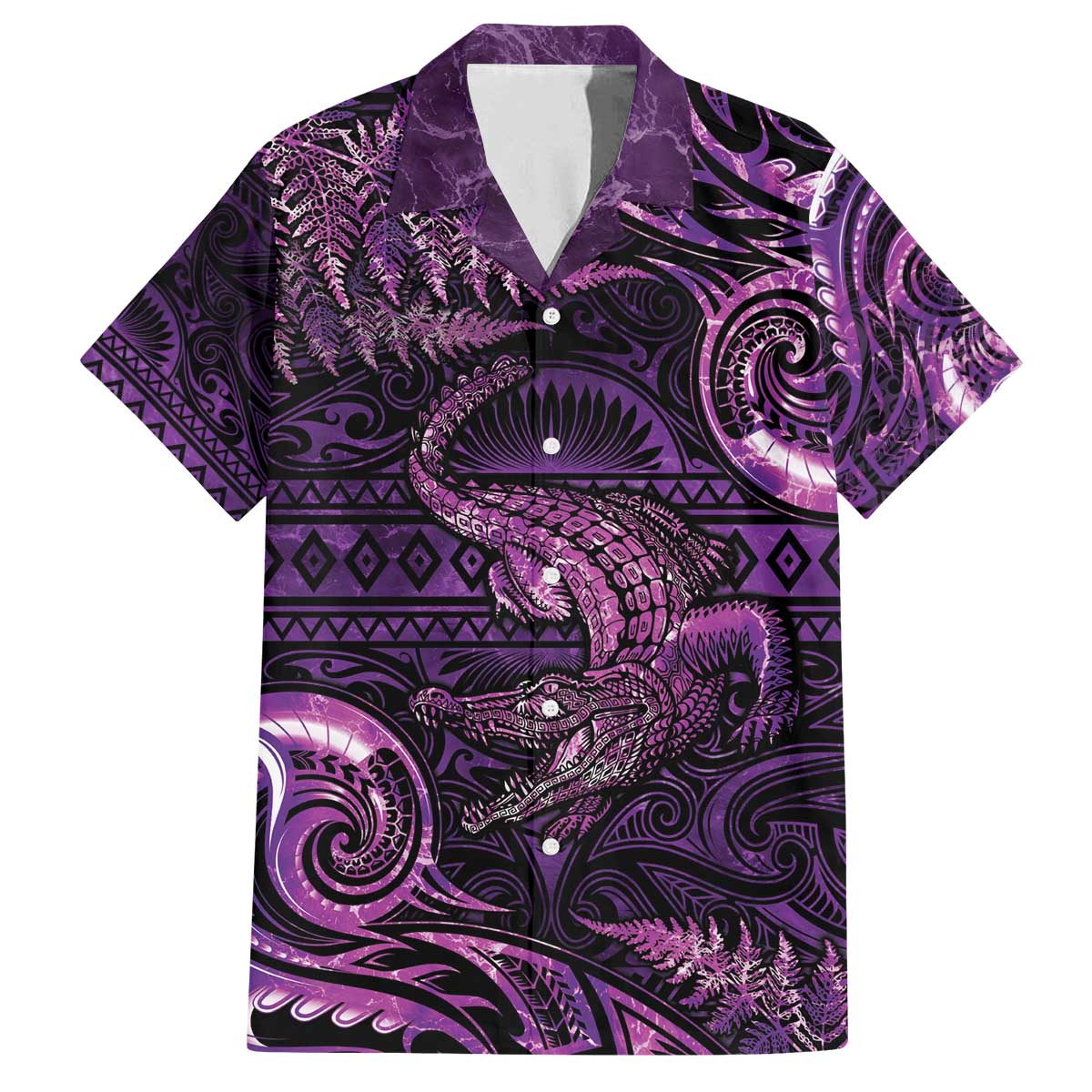 Aotearoa New Zealand Crocodile Family Matching Off The Shoulder Long Sleeve Dress and Hawaiian Shirt Silver Fern Maori Pattern LT05 Dad's Shirt - Short Sleeve Purple - Polynesian Pride