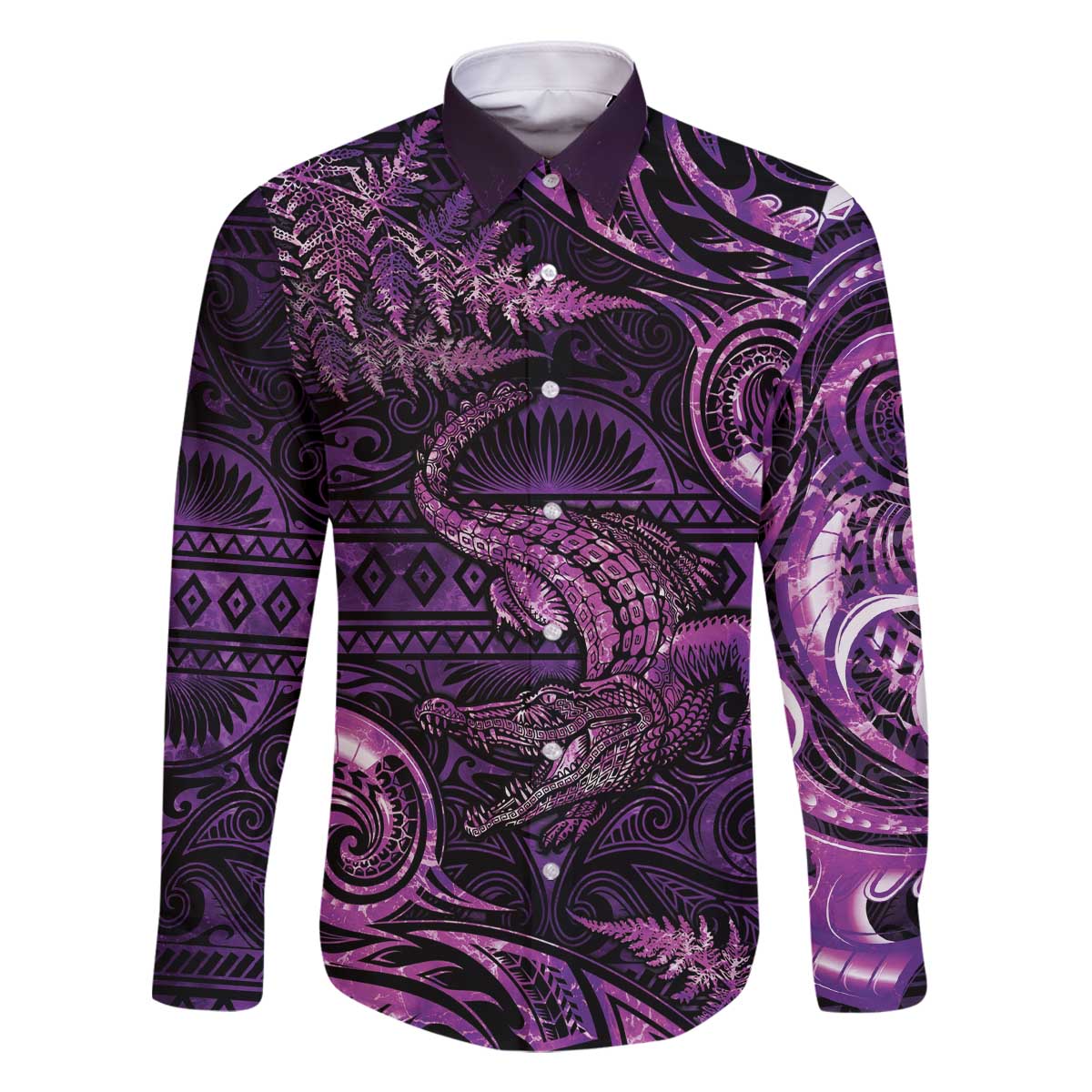 Aotearoa New Zealand Crocodile Family Matching Off The Shoulder Long Sleeve Dress and Hawaiian Shirt Silver Fern Maori Pattern LT05 Dad's Shirt - Long Sleeve Purple - Polynesian Pride