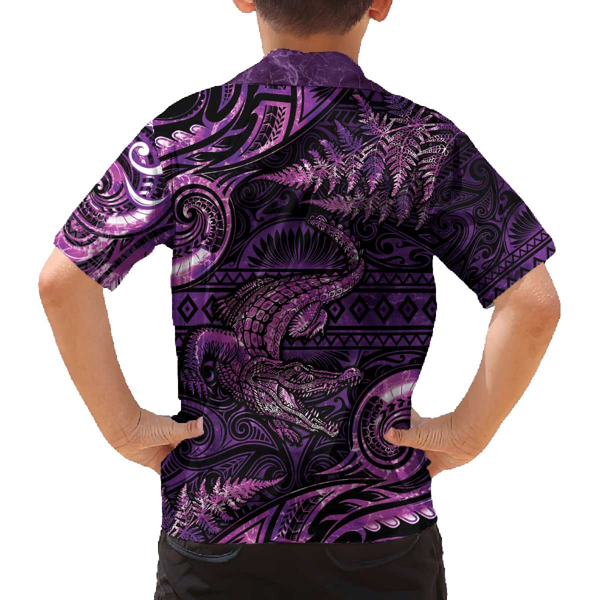 Aotearoa New Zealand Crocodile Family Matching Off Shoulder Short Dress and Hawaiian Shirt Silver Fern Maori Pattern LT05 - Polynesian Pride