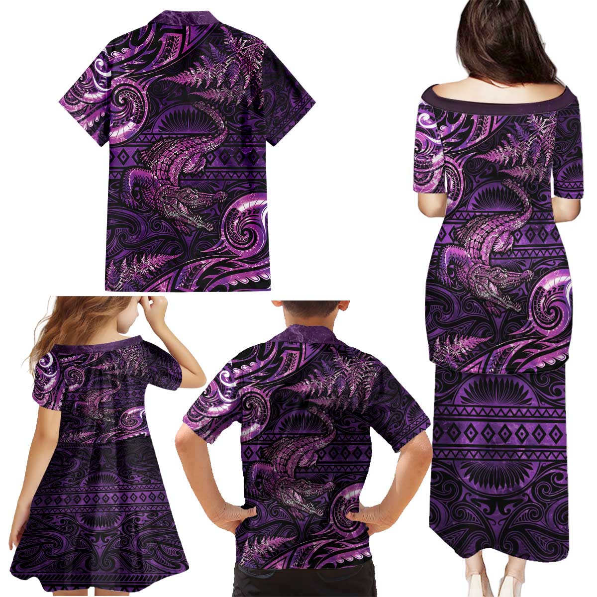 Aotearoa New Zealand Crocodile Family Matching Puletasi and Hawaiian Shirt Silver Fern Maori Pattern