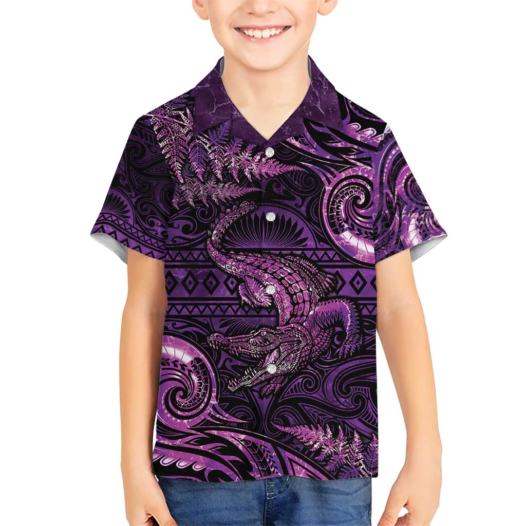 Aotearoa New Zealand Crocodile Family Matching Short Sleeve Bodycon Dress and Hawaiian Shirt Silver Fern Maori Pattern