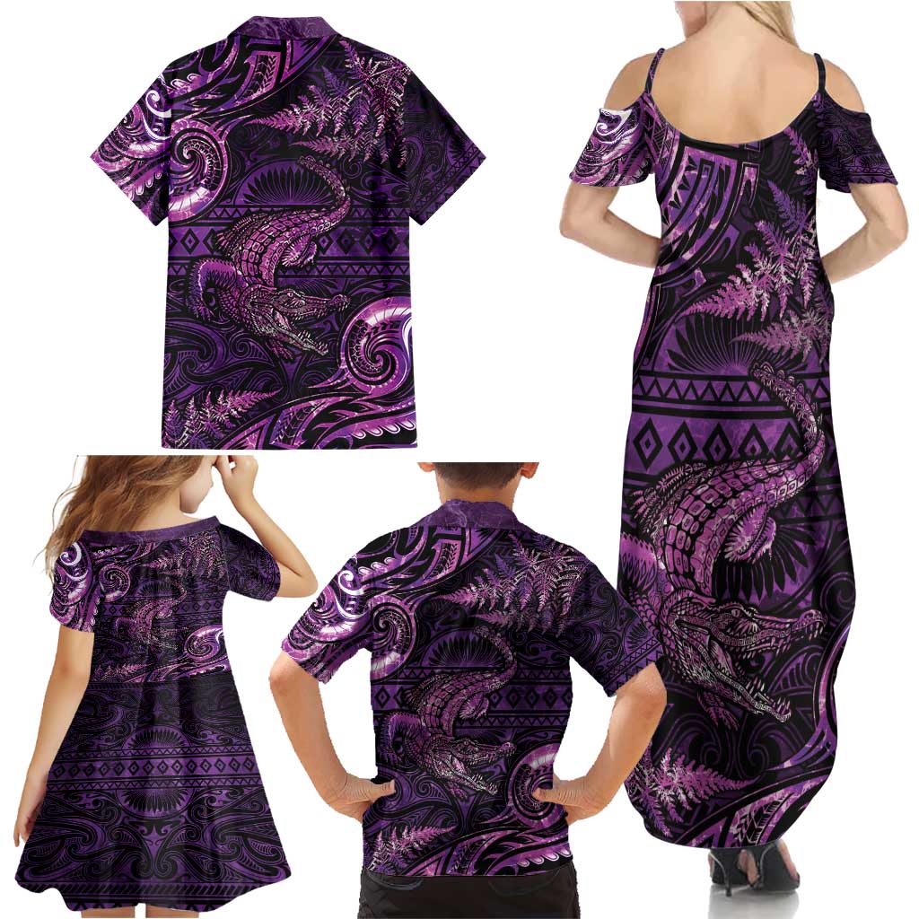 Aotearoa New Zealand Crocodile Family Matching Summer Maxi Dress and Hawaiian Shirt Silver Fern Maori Pattern