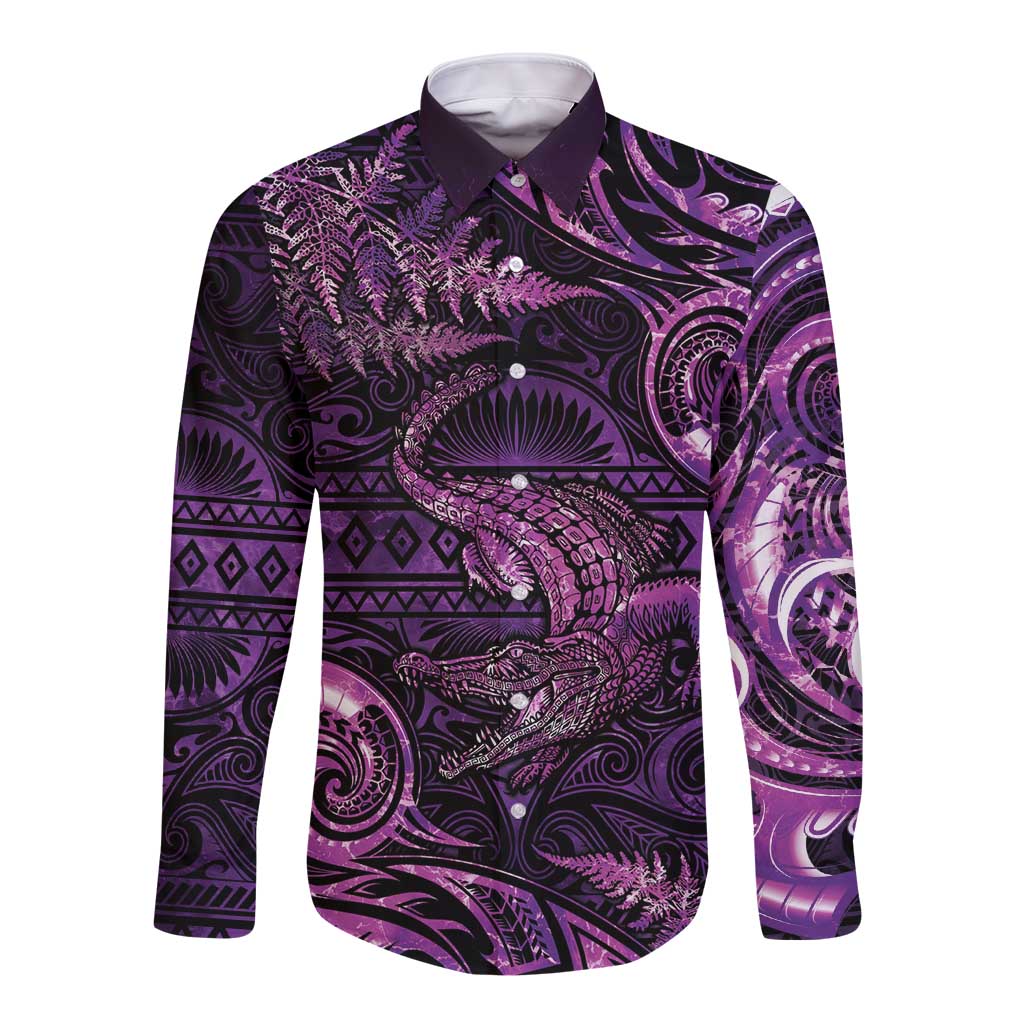 Aotearoa New Zealand Crocodile Long Sleeve Button Shirt Silver Fern Maori Pattern LT05 Unisex Purple - Polynesian Pride