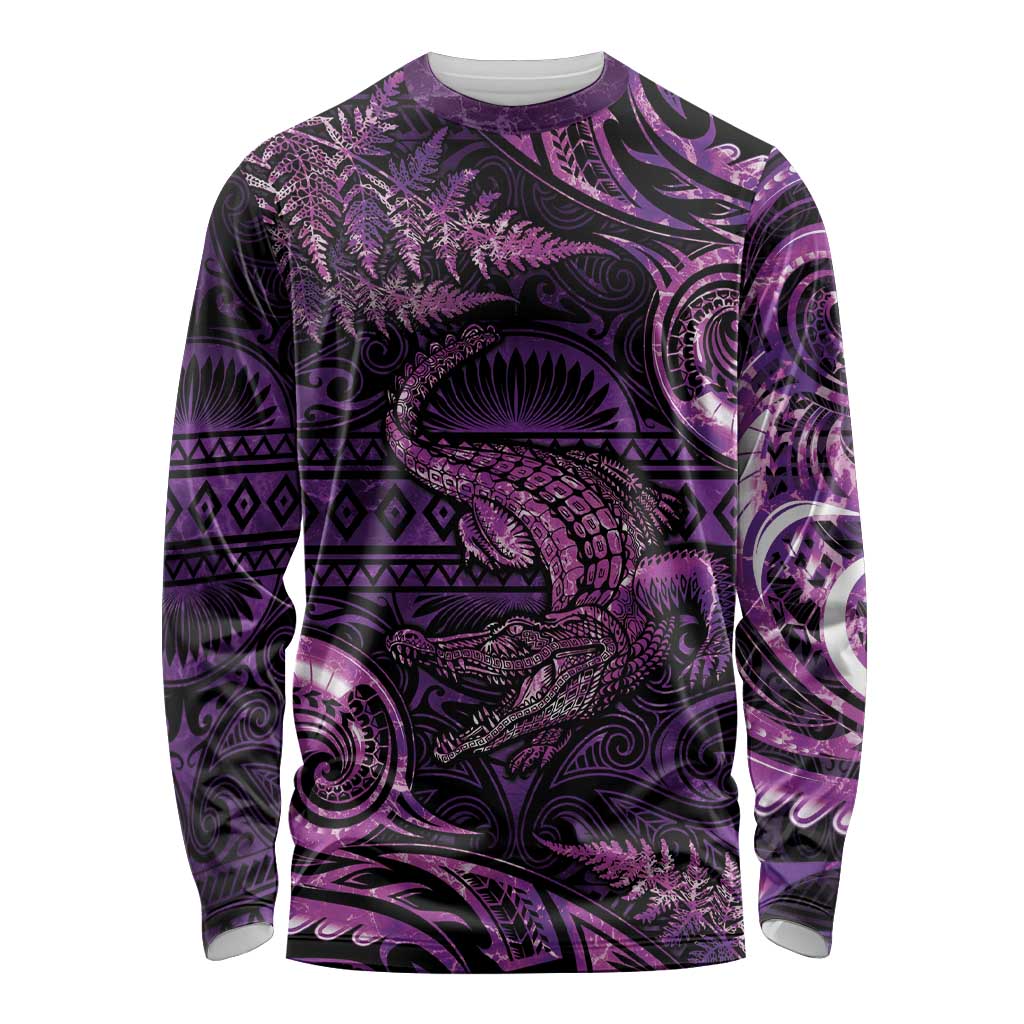 Aotearoa New Zealand Crocodile Long Sleeve Shirt Silver Fern Maori Pattern LT05 Unisex Purple - Polynesian Pride