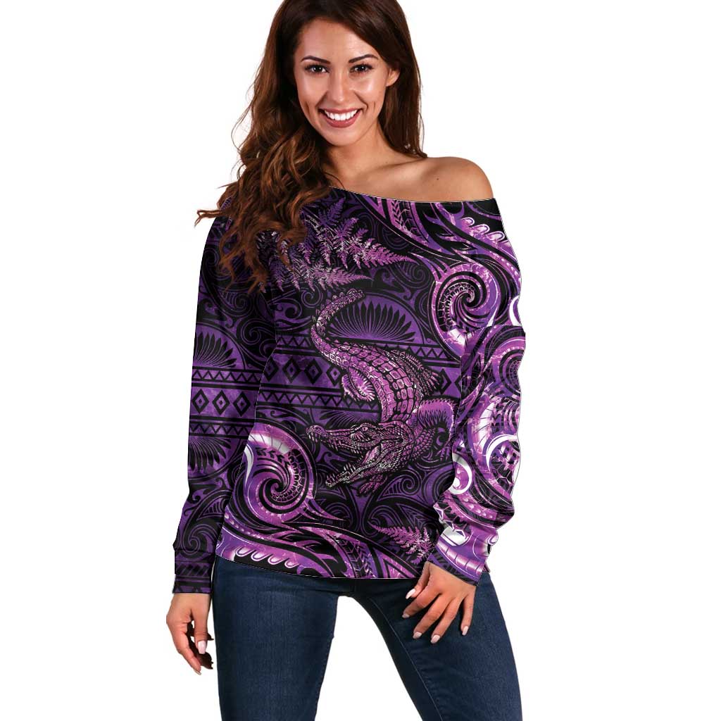 Aotearoa New Zealand Crocodile Off Shoulder Sweater Silver Fern Maori Pattern LT05 Women Purple - Polynesian Pride