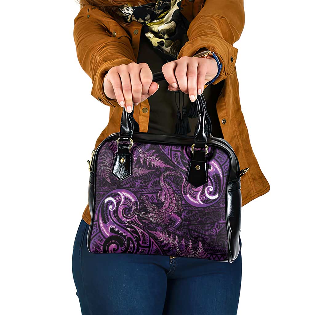 Aotearoa New Zealand Crocodile Shoulder Handbag Silver Fern Maori Pattern