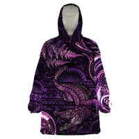 Aotearoa New Zealand Crocodile Wearable Blanket Hoodie Silver Fern Maori Pattern