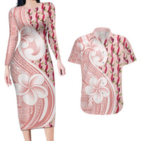 Samoa Teuila Couples Matching Long Sleeve Bodycon Dress and Hawaiian Shirt Pink Samoan Siapo Motifs