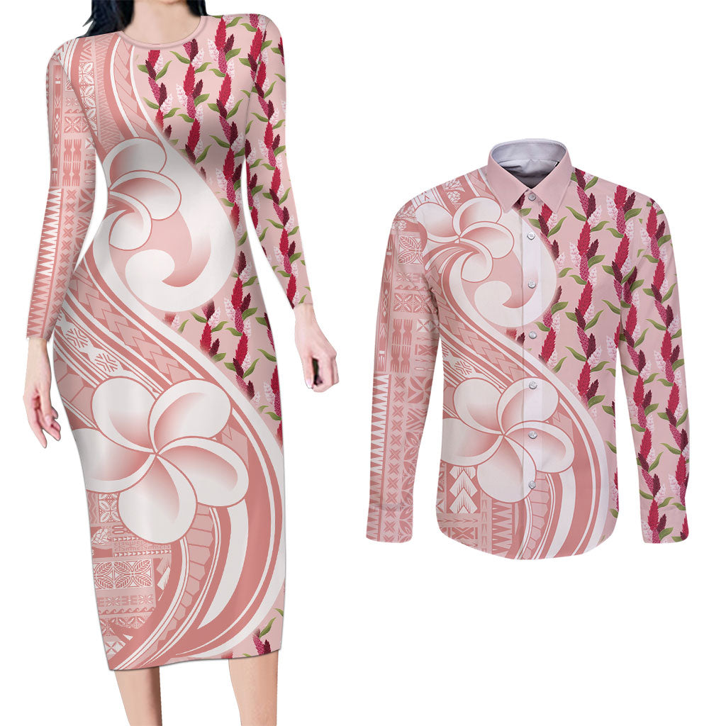 Samoa Teuila Couples Matching Long Sleeve Bodycon Dress and Long Sleeve Button Shirt Pink Samoan Siapo Motifs