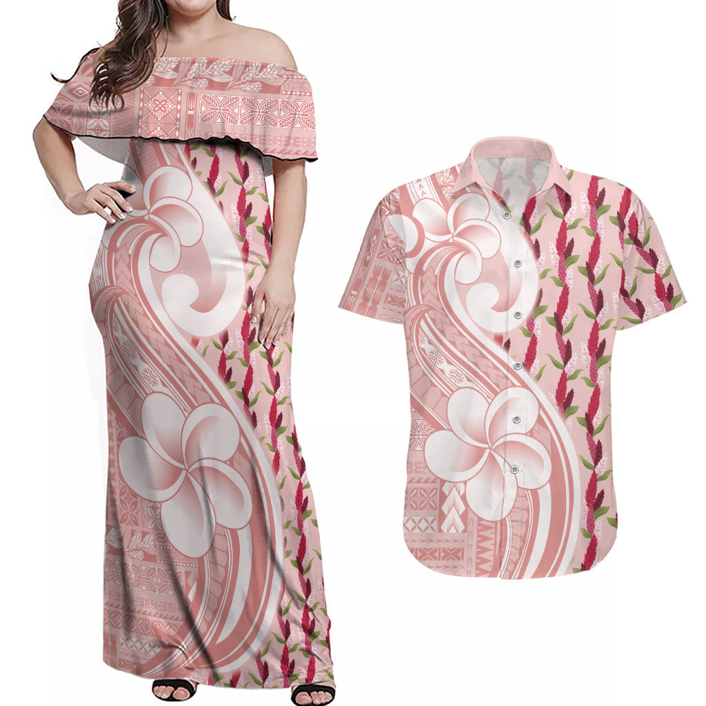 Samoa Teuila Couples Matching Off Shoulder Maxi Dress and Hawaiian Shirt Pink Samoan Siapo Motifs