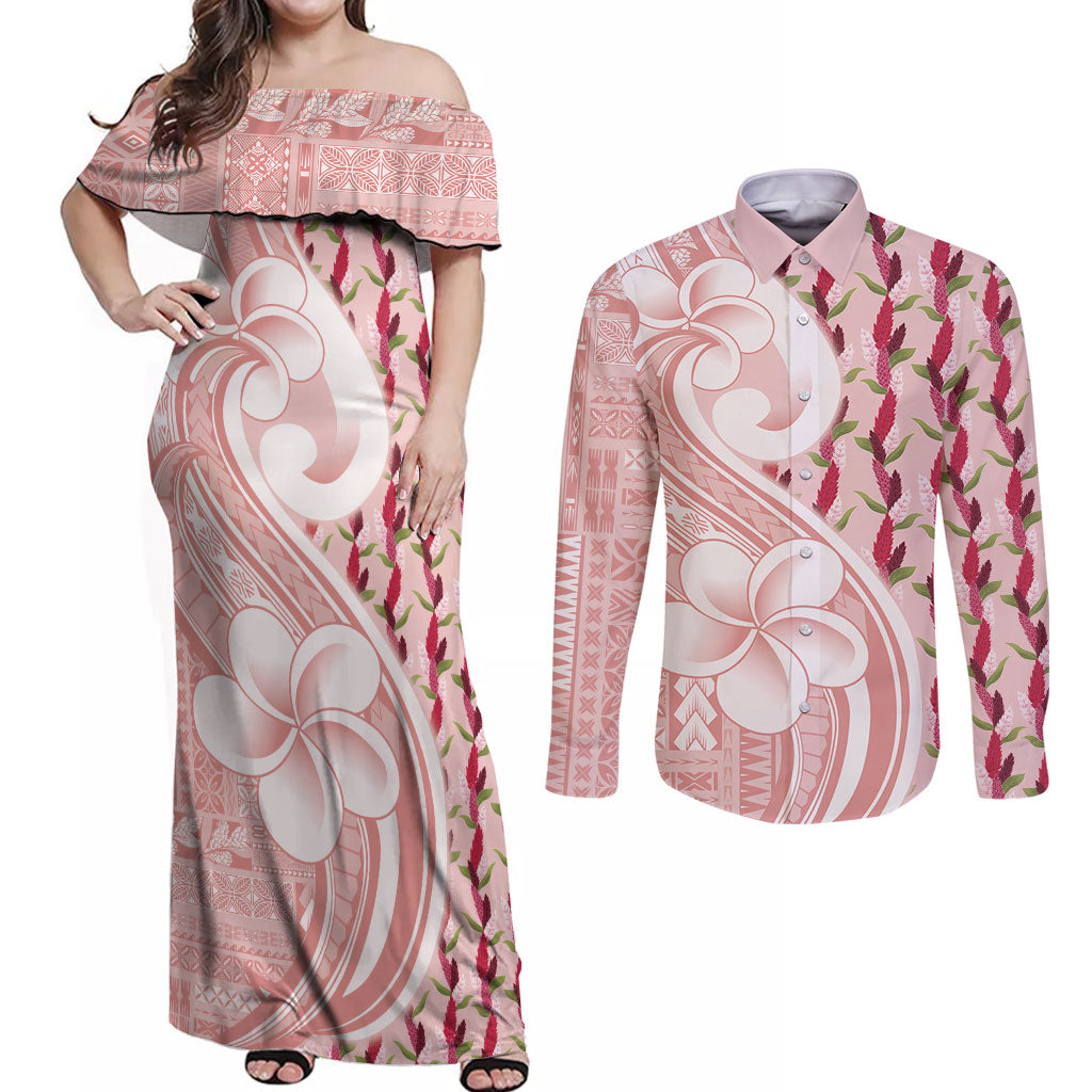 Samoa Teuila Couples Matching Off Shoulder Maxi Dress and Long Sleeve Button Shirt Pink Samoan Siapo Motifs LT05 Pink - Polynesian Pride