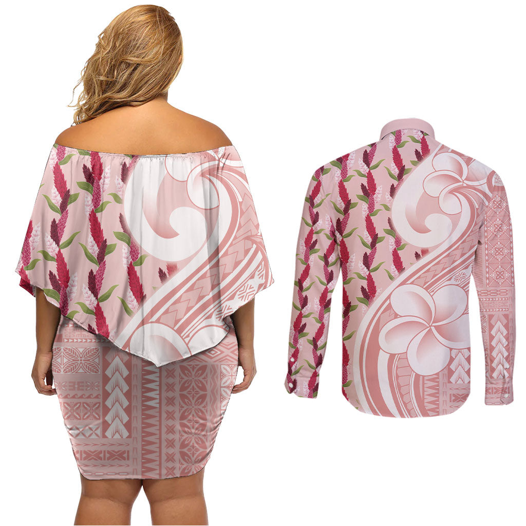 Samoa Teuila Couples Matching Off Shoulder Short Dress and Long Sleeve Button Shirt Pink Samoan Siapo Motifs
