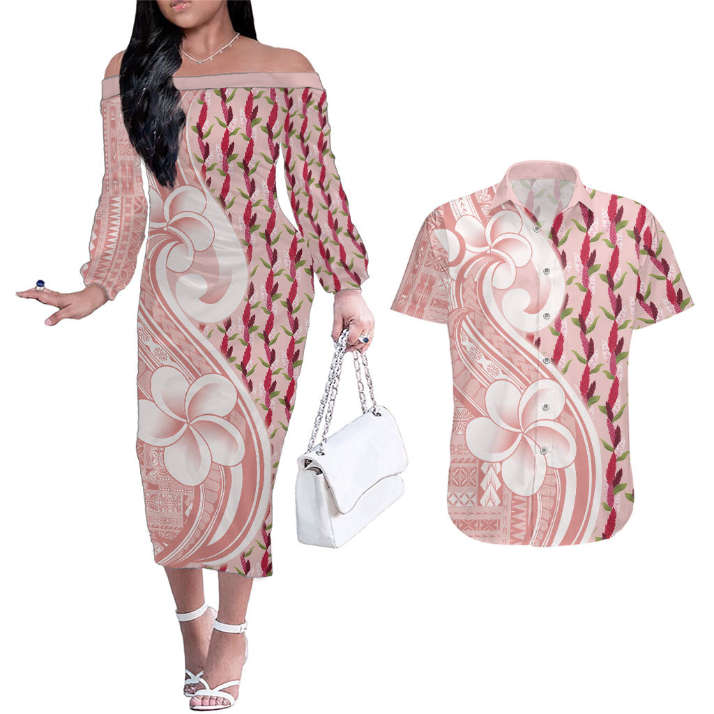 Samoa Teuila Couples Matching Off The Shoulder Long Sleeve Dress and Hawaiian Shirt Pink Samoan Siapo Motifs LT05 Pink - Polynesian Pride