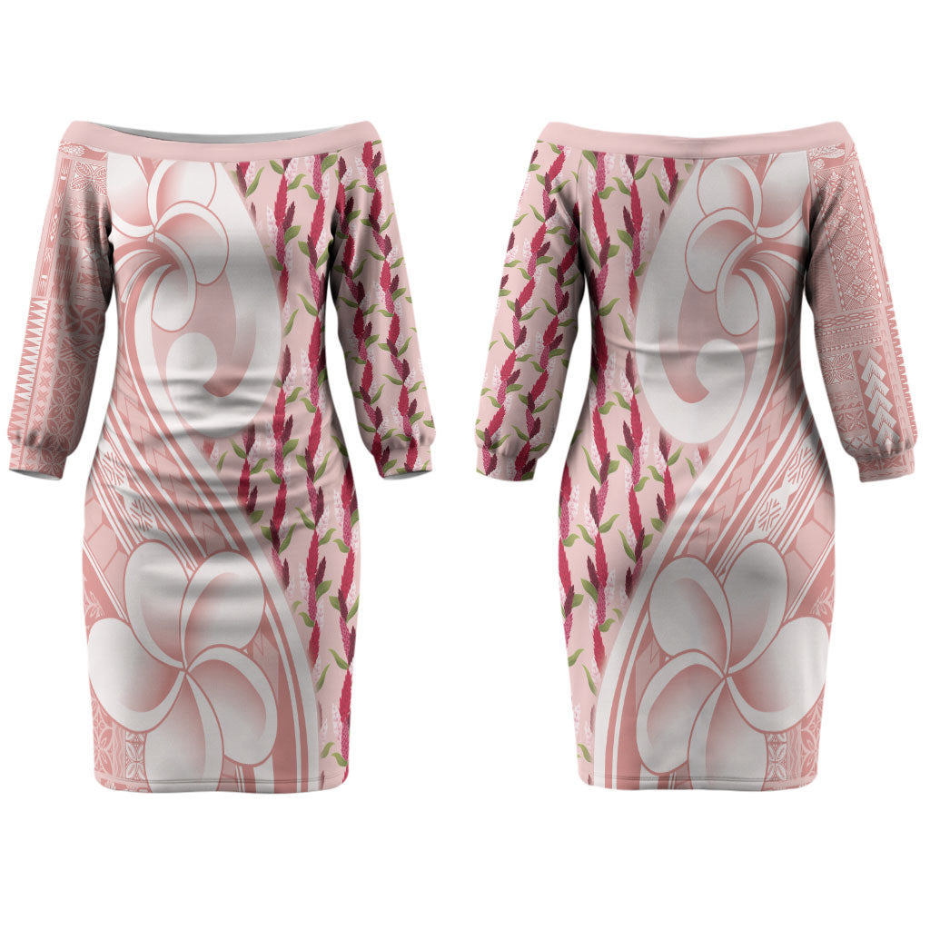 Samoa Teuila Couples Matching Off The Shoulder Long Sleeve Dress and Hawaiian Shirt Pink Samoan Siapo Motifs LT05 - Polynesian Pride