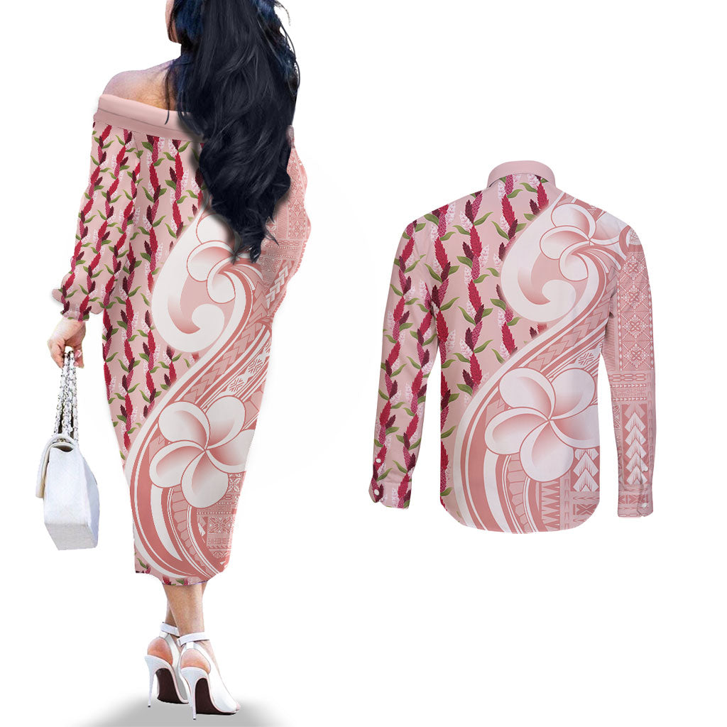 Samoa Teuila Couples Matching Off The Shoulder Long Sleeve Dress and Long Sleeve Button Shirt Pink Samoan Siapo Motifs