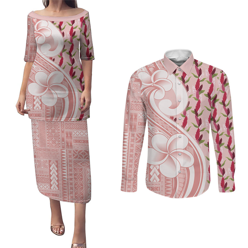 Samoa Teuila Couples Matching Puletasi and Long Sleeve Button Shirt Pink Samoan Siapo Motifs LT05 Pink - Polynesian Pride