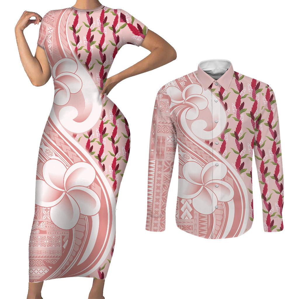 Samoa Teuila Couples Matching Short Sleeve Bodycon Dress and Long Sleeve Button Shirt Pink Samoan Siapo Motifs