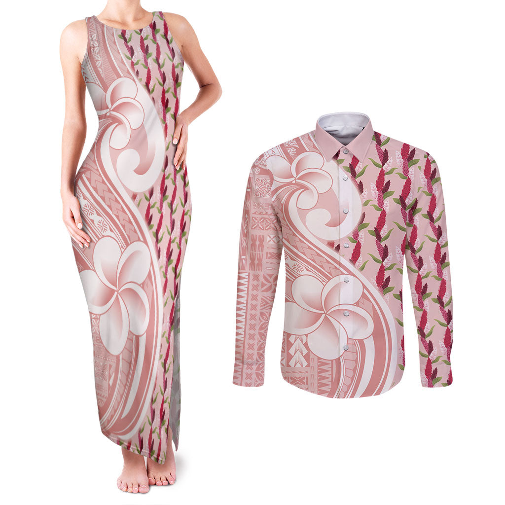 Samoa Teuila Couples Matching Tank Maxi Dress and Long Sleeve Button Shirt Pink Samoan Siapo Motifs
