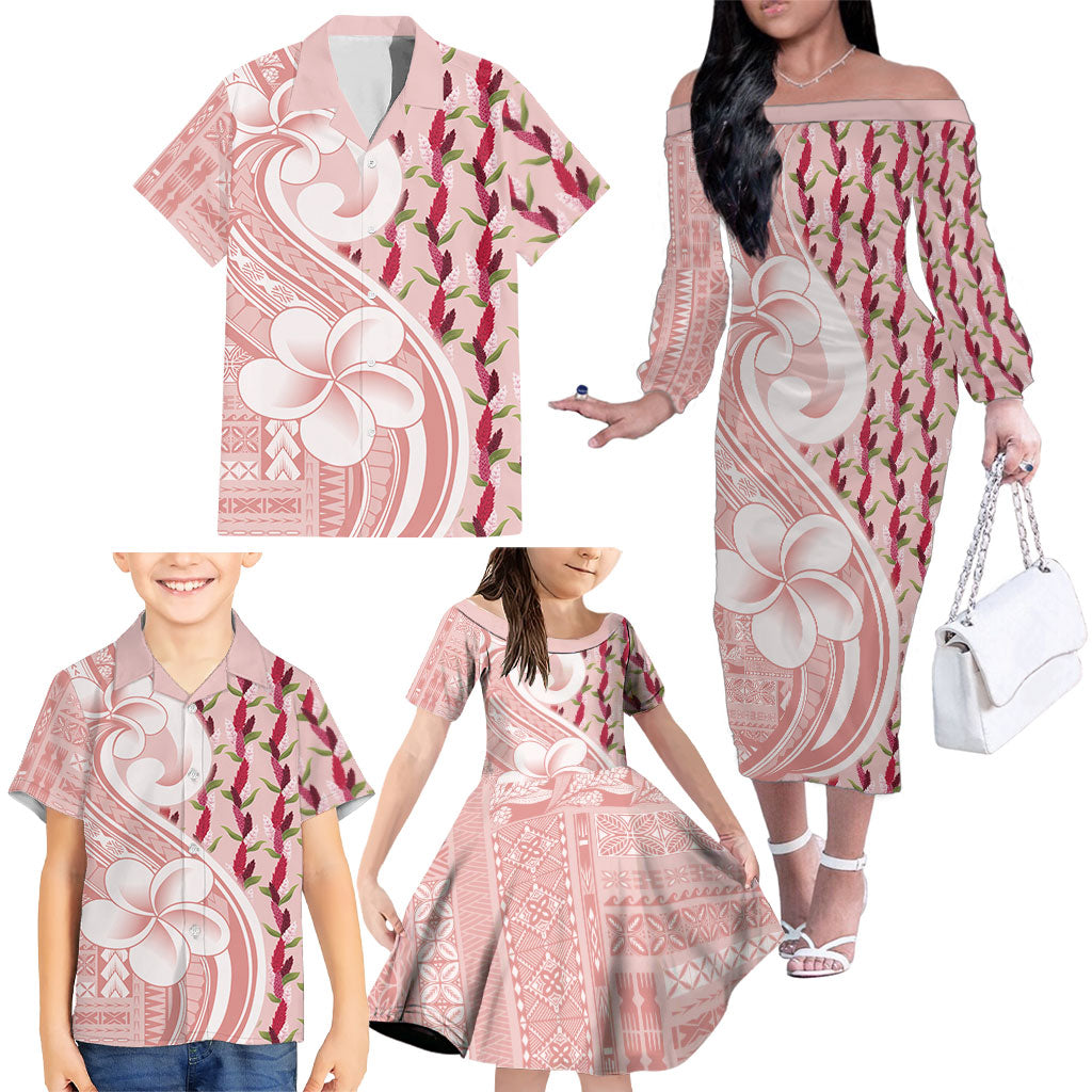 Samoa Teuila Family Matching Off The Shoulder Long Sleeve Dress and Hawaiian Shirt Pink Samoan Siapo Motifs LT05 - Polynesian Pride