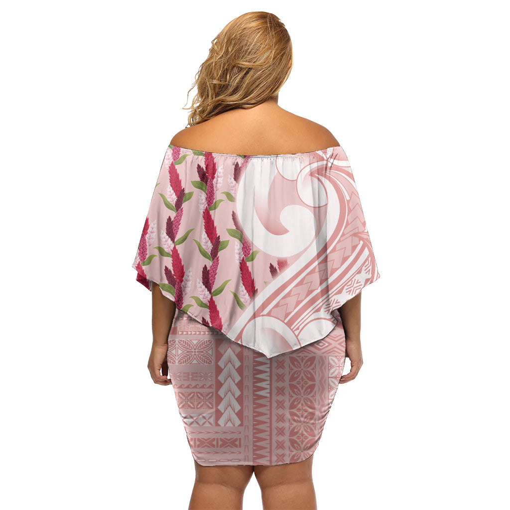 Samoa Teuila Family Matching Off Shoulder Short Dress and Hawaiian Shirt Pink Samoan Siapo Motifs