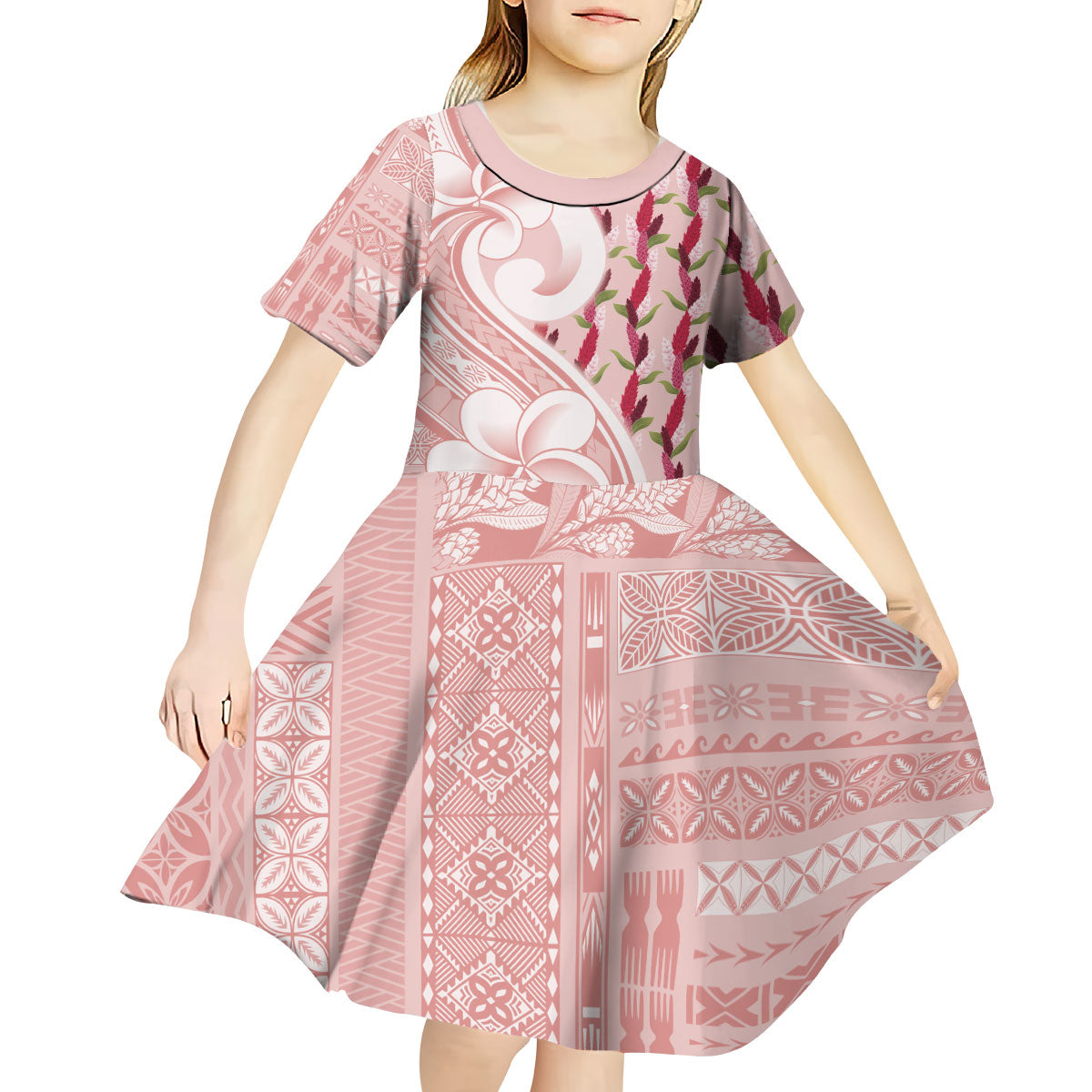 Samoa Teuila Kid Short Sleeve Dress Pink Samoan Siapo Motifs