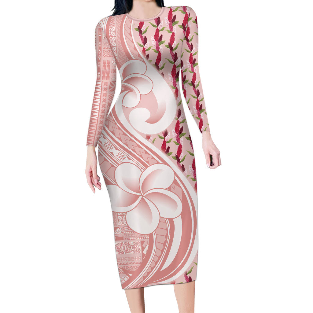 Samoa Teuila Long Sleeve Bodycon Dress Pink Samoan Siapo Motifs