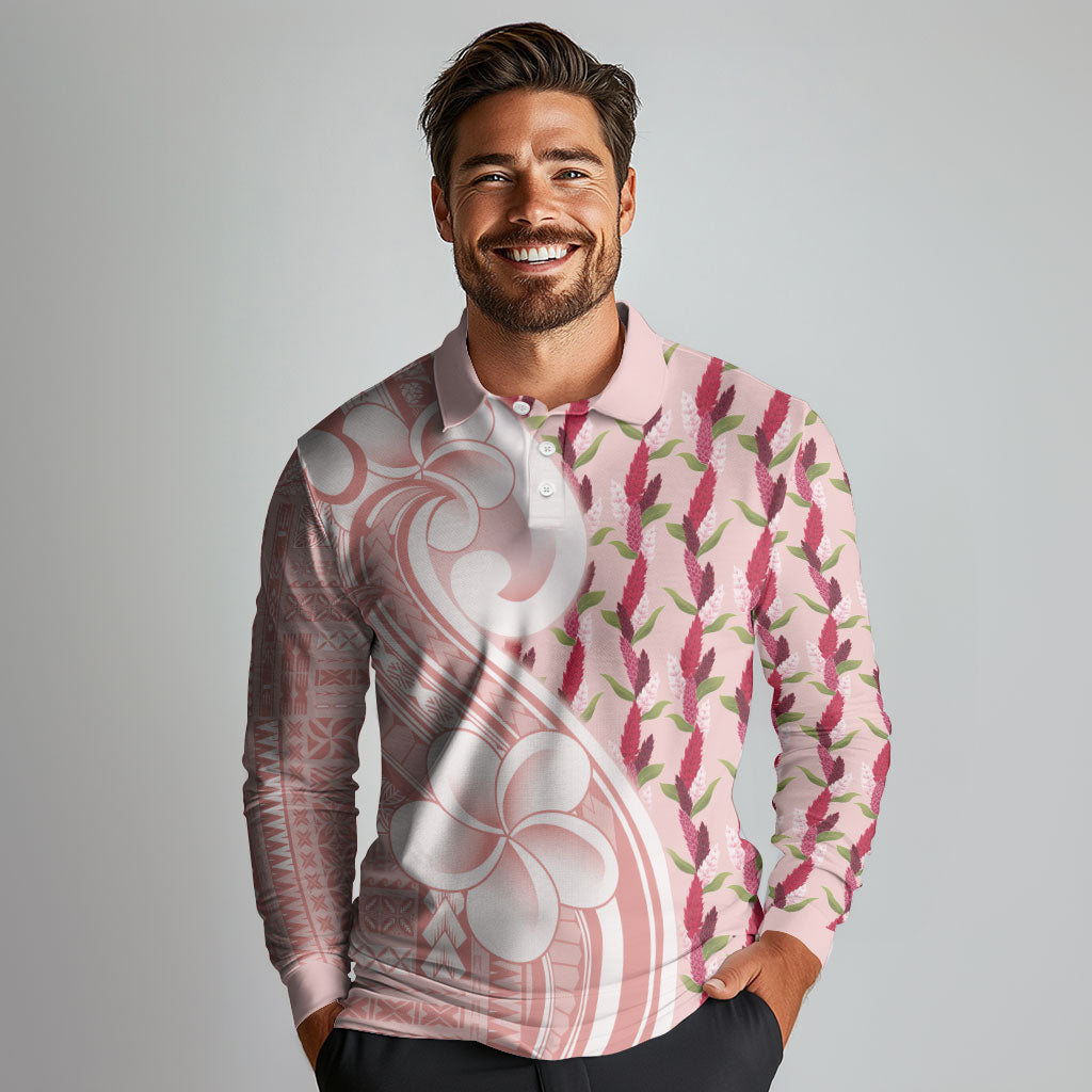Samoa Teuila Long Sleeve Polo Shirt Pink Samoan Siapo Motifs