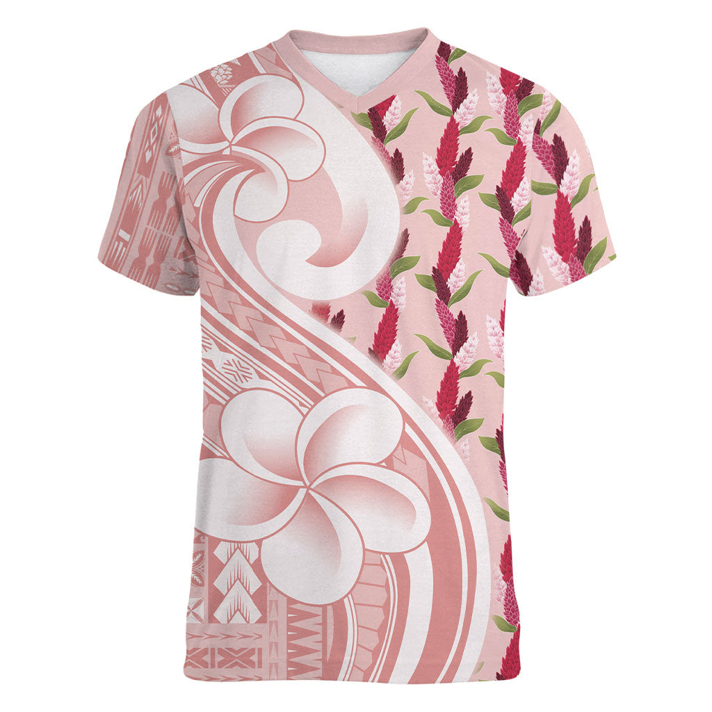Samoa Teuila Women V-Neck T-Shirt Pink Samoan Siapo Motifs