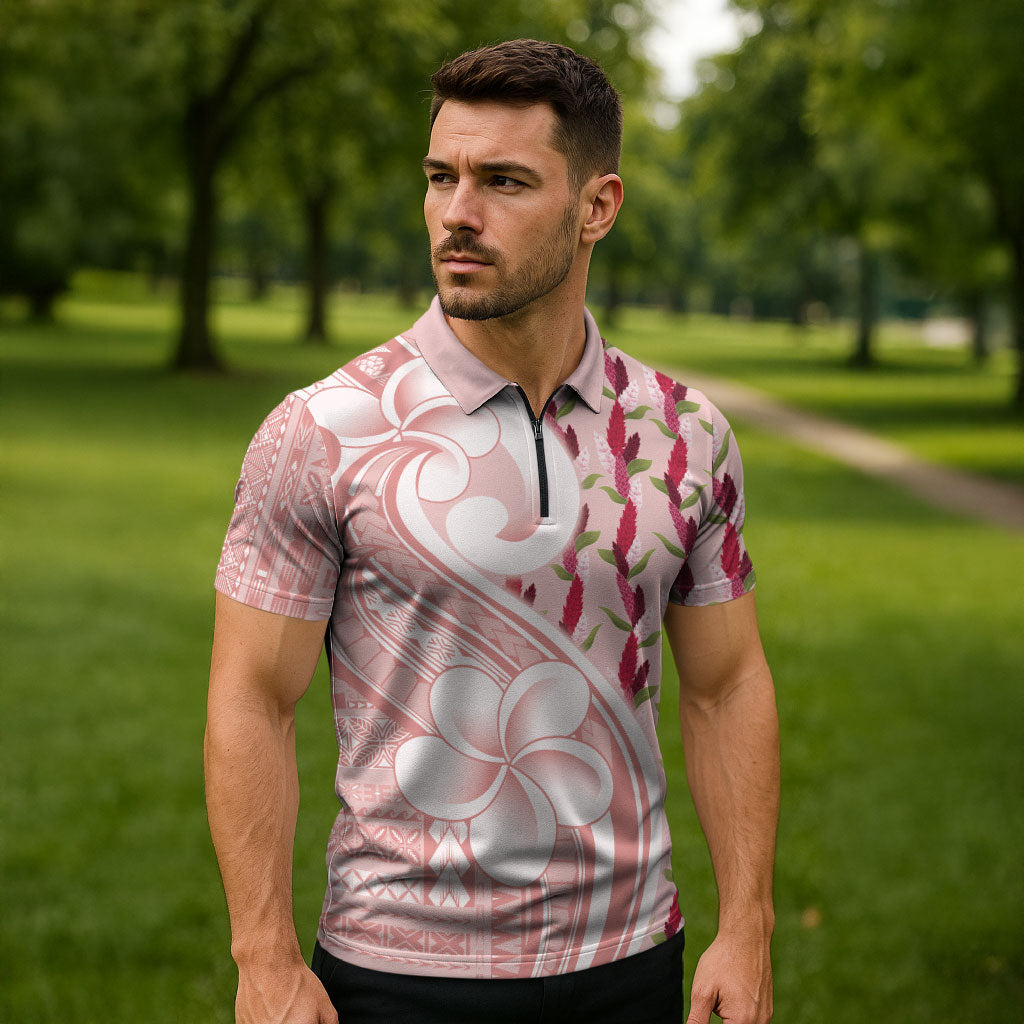 Samoa Teuila Zipper Polo Shirt Pink Samoan Siapo Motifs