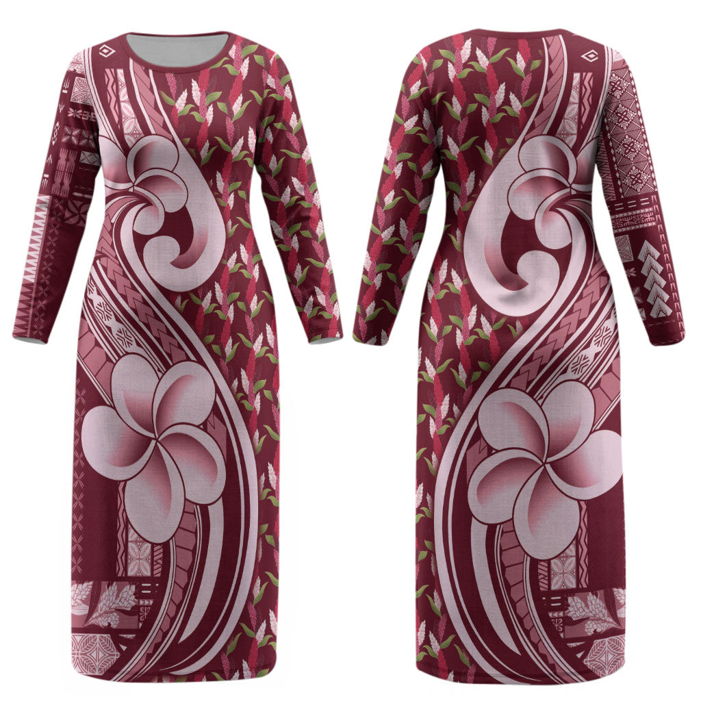 Samoa Teuila Couples Matching Long Sleeve Bodycon Dress and Hawaiian Shirt Maroon Samoan Siapo Motifs LT05 - Polynesian Pride
