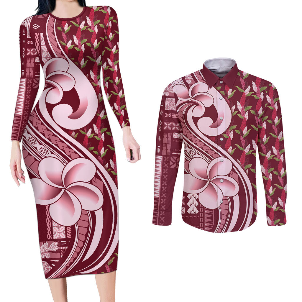 Samoa Teuila Couples Matching Long Sleeve Bodycon Dress and Long Sleeve Button Shirt Maroon Samoan Siapo Motifs