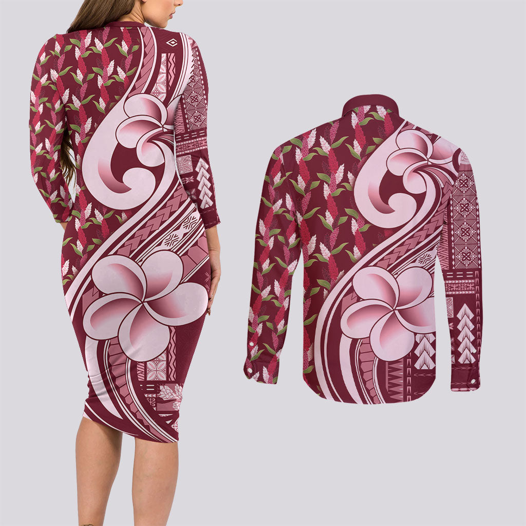 Samoa Teuila Couples Matching Long Sleeve Bodycon Dress and Long Sleeve Button Shirt Maroon Samoan Siapo Motifs