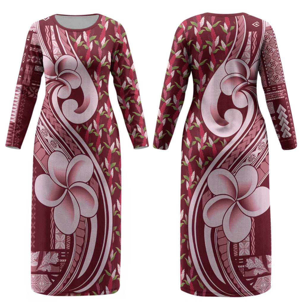 Samoa Teuila Couples Matching Long Sleeve Bodycon Dress and Long Sleeve Button Shirt Maroon Samoan Siapo Motifs LT05 - Polynesian Pride