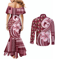 Samoa Teuila Couples Matching Mermaid Dress and Long Sleeve Button Shirt Maroon Samoan Siapo Motifs