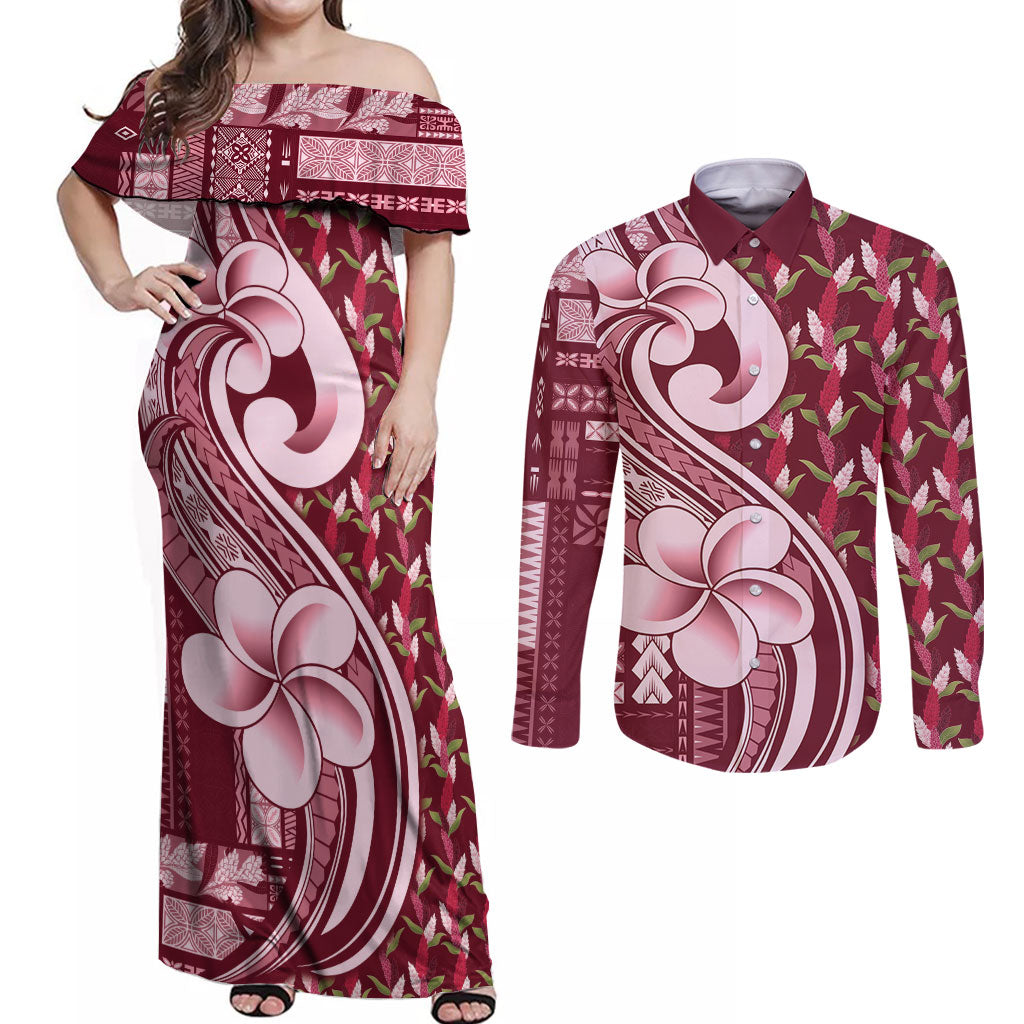 Samoa Teuila Couples Matching Off Shoulder Maxi Dress and Long Sleeve Button Shirt Maroon Samoan Siapo Motifs