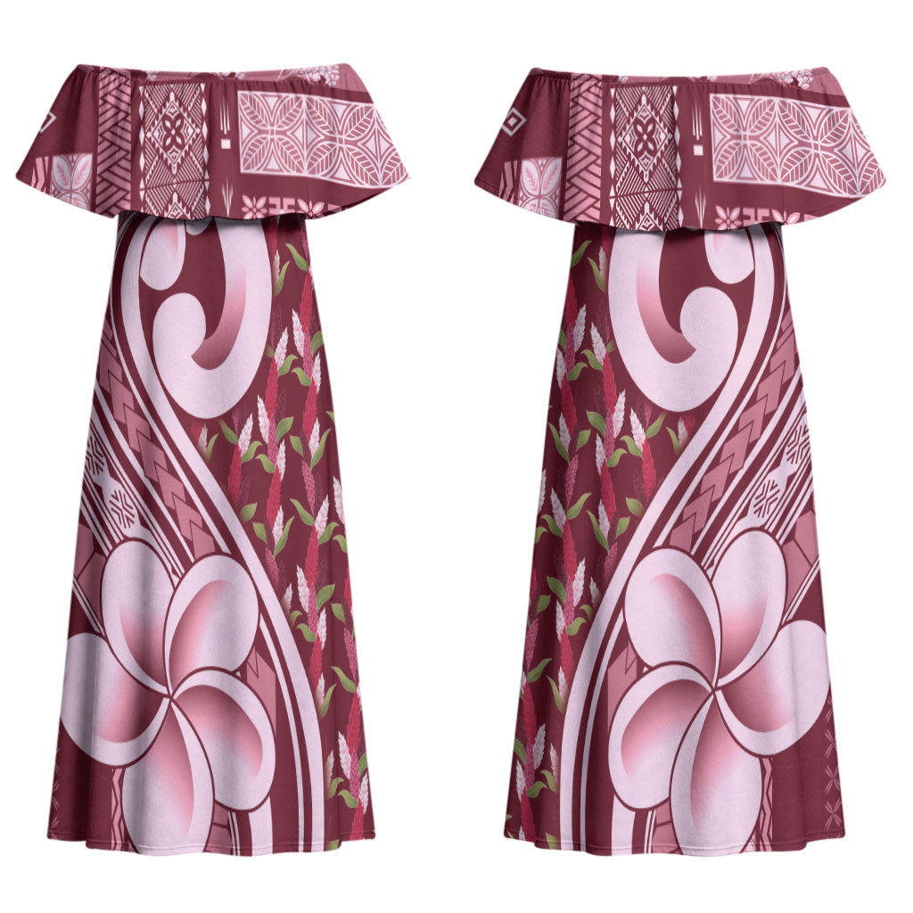 Samoa Teuila Couples Matching Off Shoulder Maxi Dress and Long Sleeve Button Shirt Maroon Samoan Siapo Motifs LT05 - Polynesian Pride