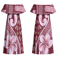 Samoa Teuila Couples Matching Off Shoulder Maxi Dress and Long Sleeve Button Shirt Maroon Samoan Siapo Motifs LT05 - Polynesian Pride