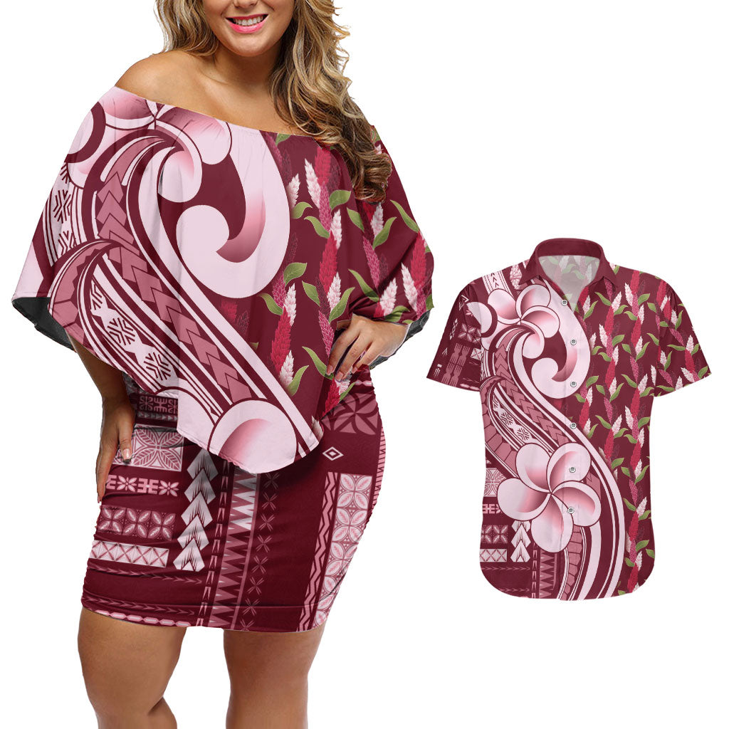 Samoa Teuila Couples Matching Off Shoulder Short Dress and Hawaiian Shirt Maroon Samoan Siapo Motifs