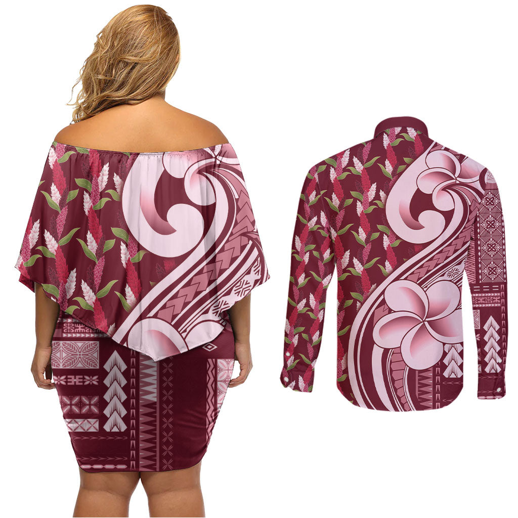 Samoa Teuila Couples Matching Off Shoulder Short Dress and Long Sleeve Button Shirt Maroon Samoan Siapo Motifs
