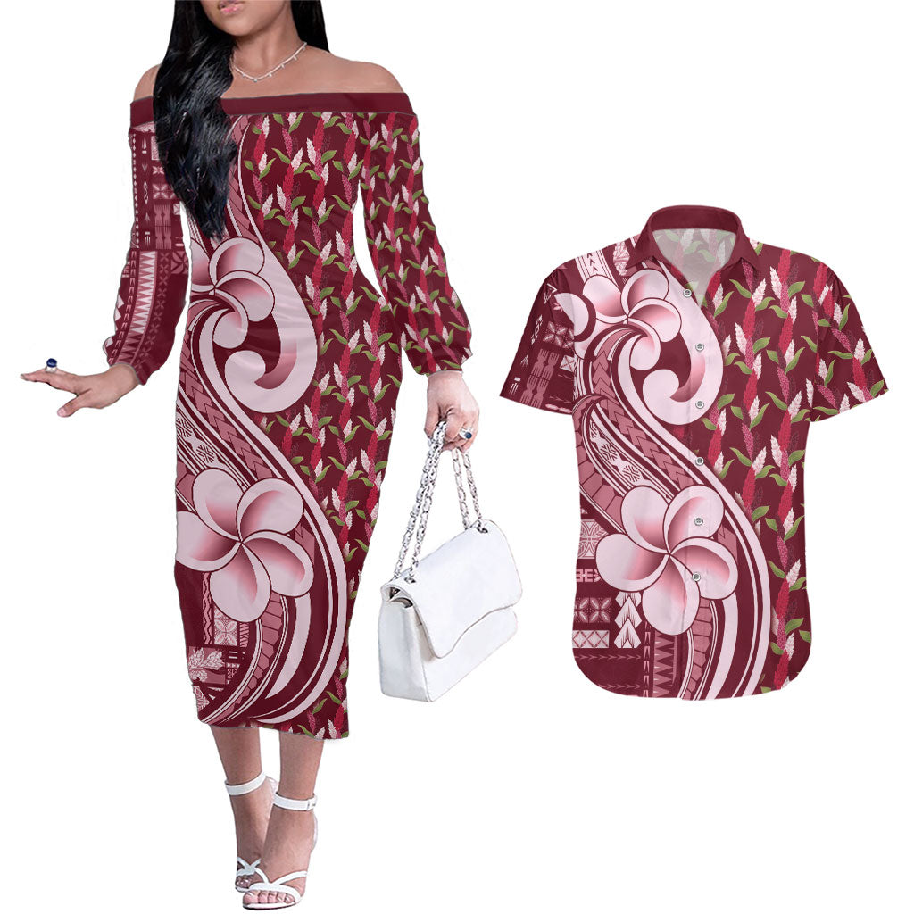 Samoa Teuila Couples Matching Off The Shoulder Long Sleeve Dress and Hawaiian Shirt Maroon Samoan Siapo Motifs