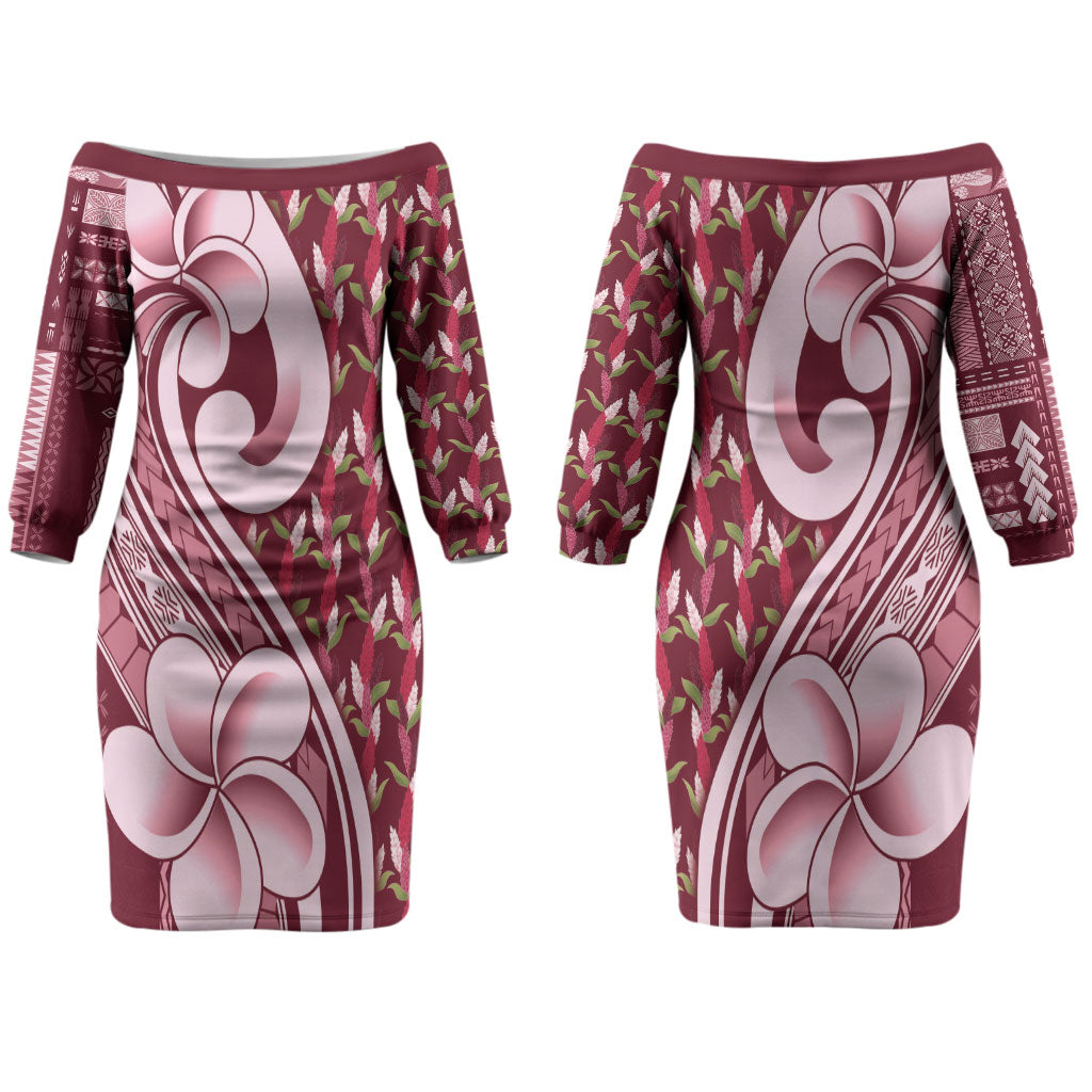 Samoa Teuila Couples Matching Off The Shoulder Long Sleeve Dress and Hawaiian Shirt Maroon Samoan Siapo Motifs LT05 - Polynesian Pride