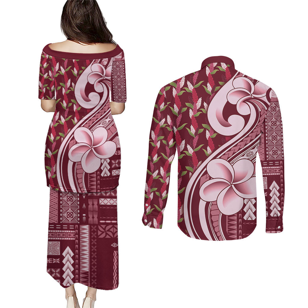 Samoa Teuila Couples Matching Puletasi and Long Sleeve Button Shirt Maroon Samoan Siapo Motifs