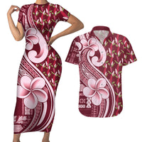 Samoa Teuila Couples Matching Short Sleeve Bodycon Dress and Hawaiian Shirt Maroon Samoan Siapo Motifs