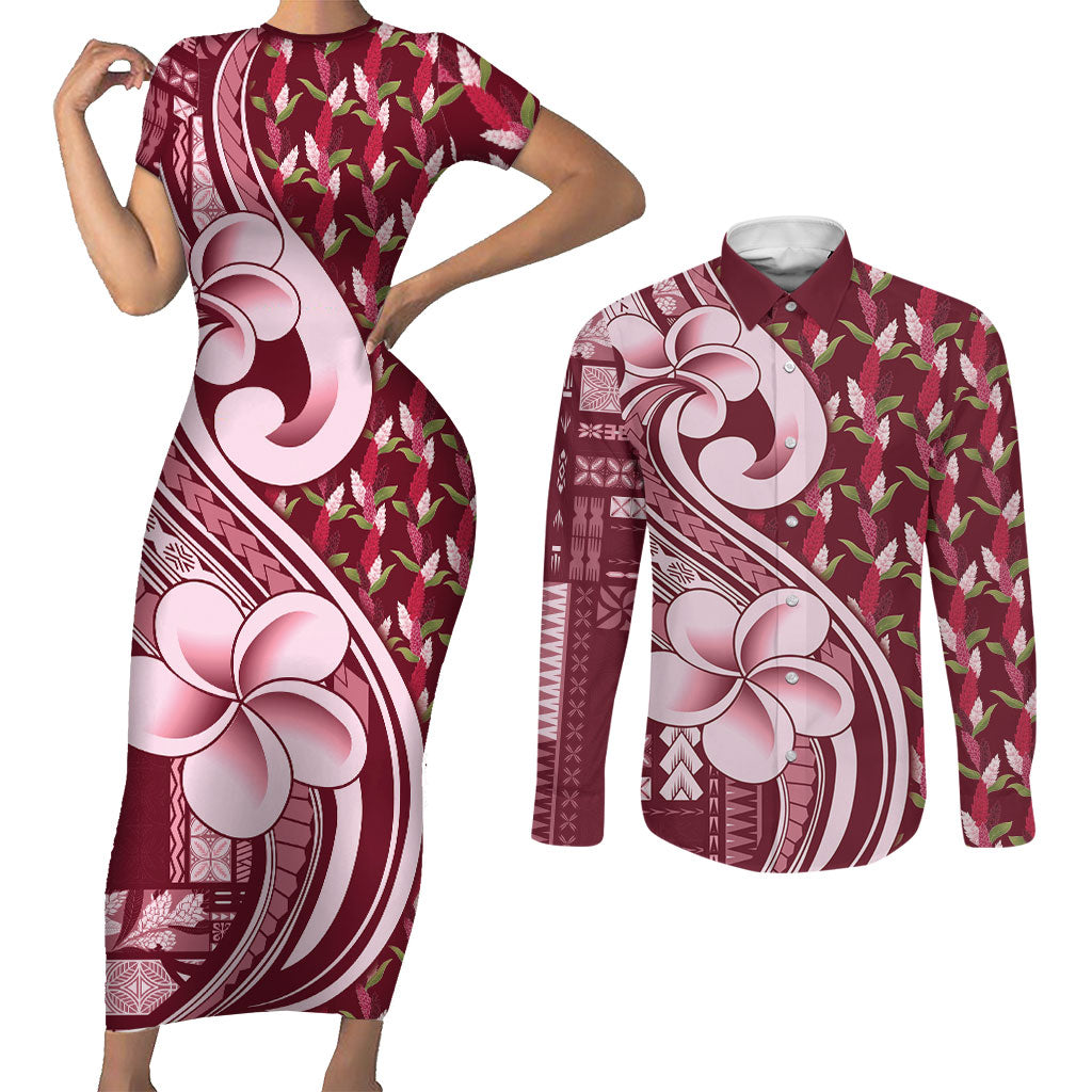 Samoa Teuila Couples Matching Short Sleeve Bodycon Dress and Long Sleeve Button Shirt Maroon Samoan Siapo Motifs