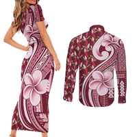 Samoa Teuila Couples Matching Short Sleeve Bodycon Dress and Long Sleeve Button Shirt Maroon Samoan Siapo Motifs
